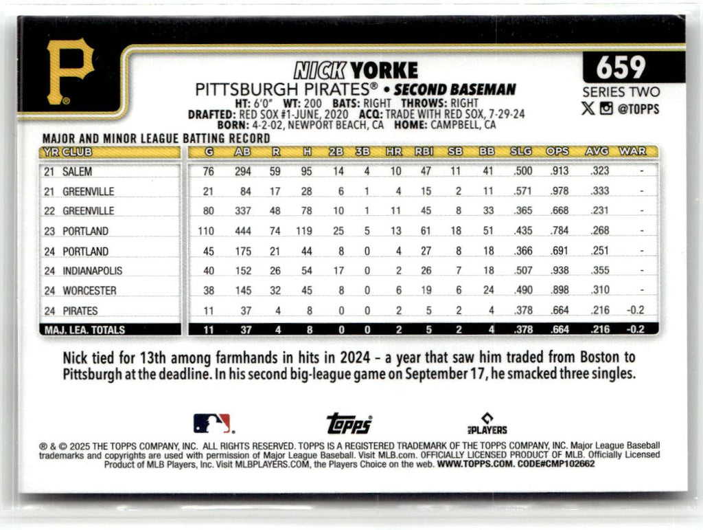 2025 Topps Series 2 Nick Yorke #659 (RC) back
