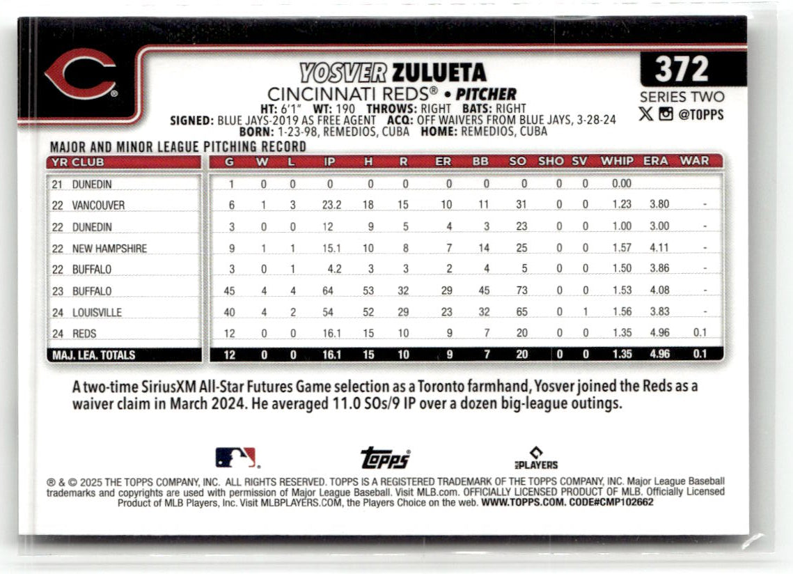2025 Topps Series 2 Yosver Zulueta #372 (RC) back