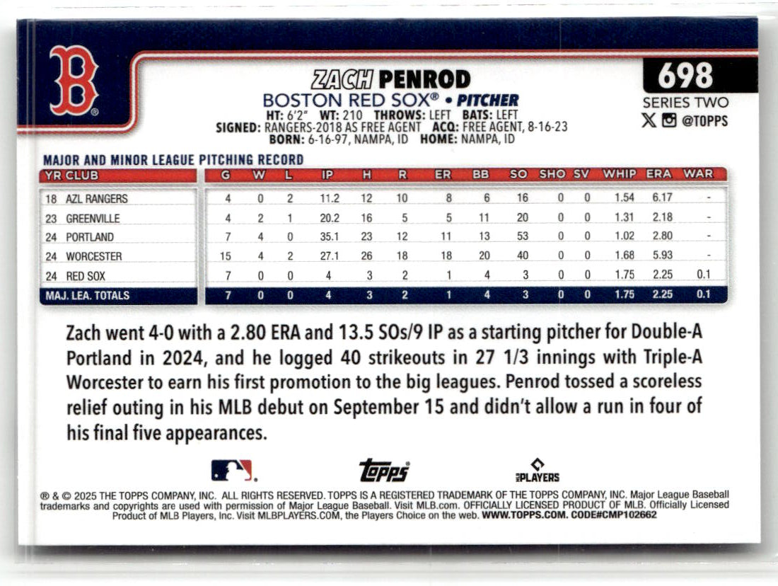 2025 Topps Series 2 Zach Penrod #698 (RC) back