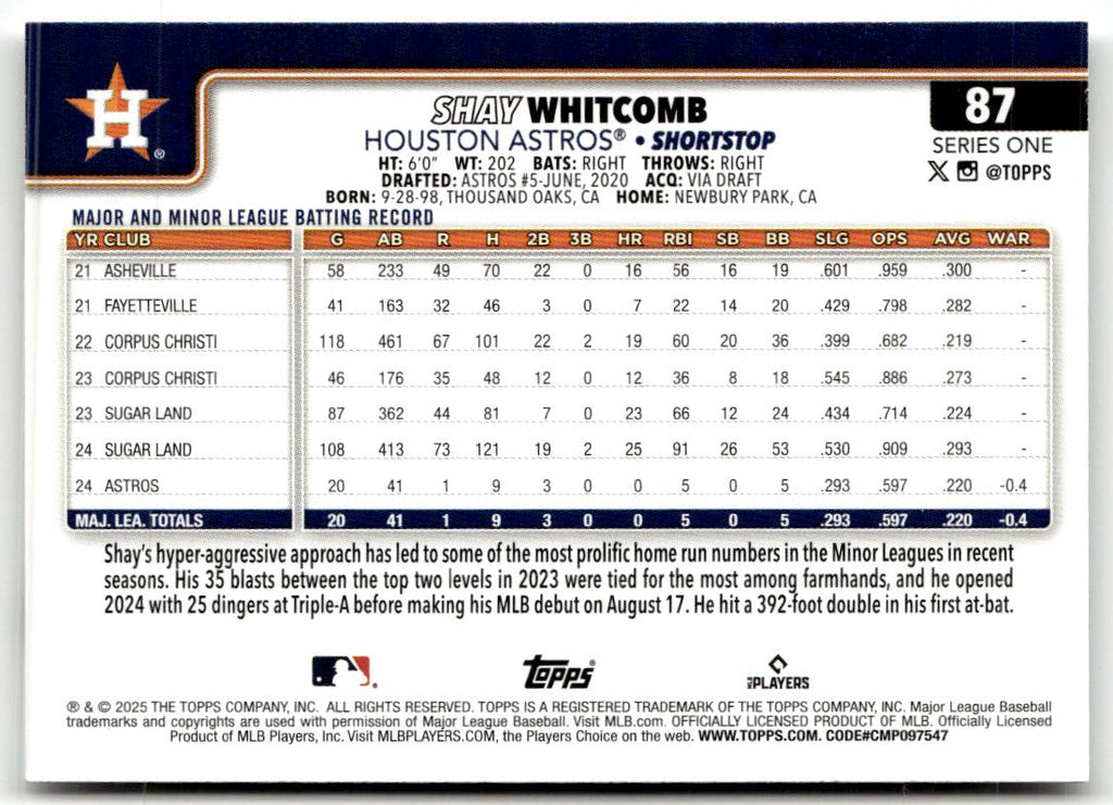 2025 Topps Shay Whitcomb #87 (RC) back