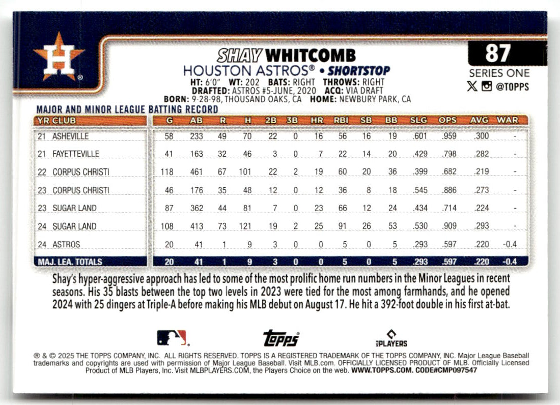 2025 Topps Shay Whitcomb #87 (RC) back