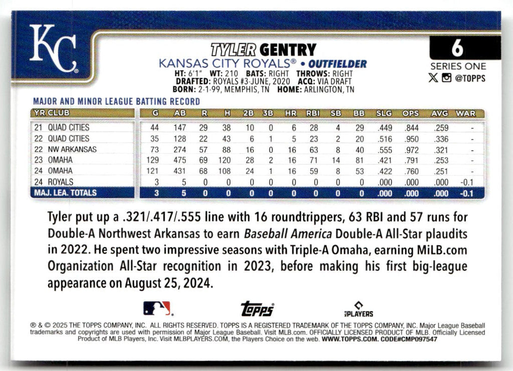 2025 Topps Tyler Gentry #6 (RC) back