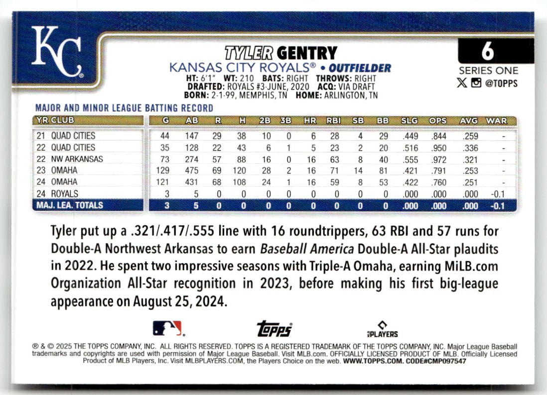 2025 Topps Tyler Gentry #6 (RC) back