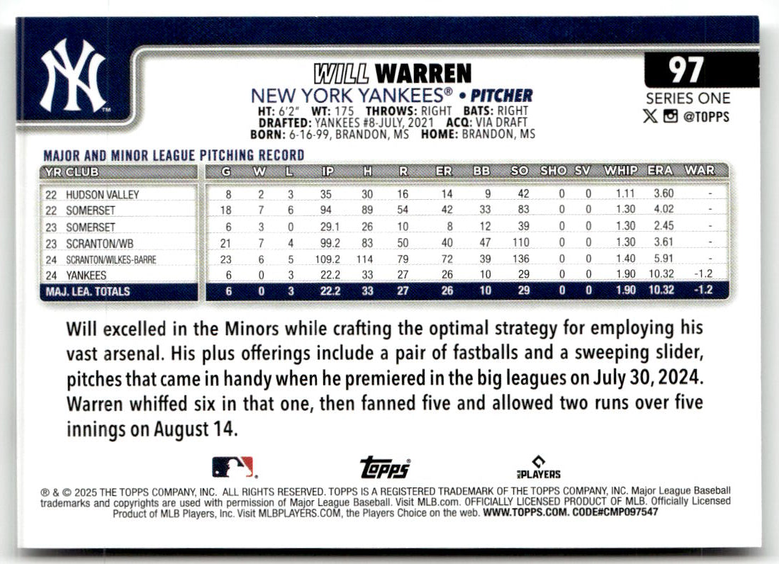 2025 Topps Will Warren #97 (RC) back