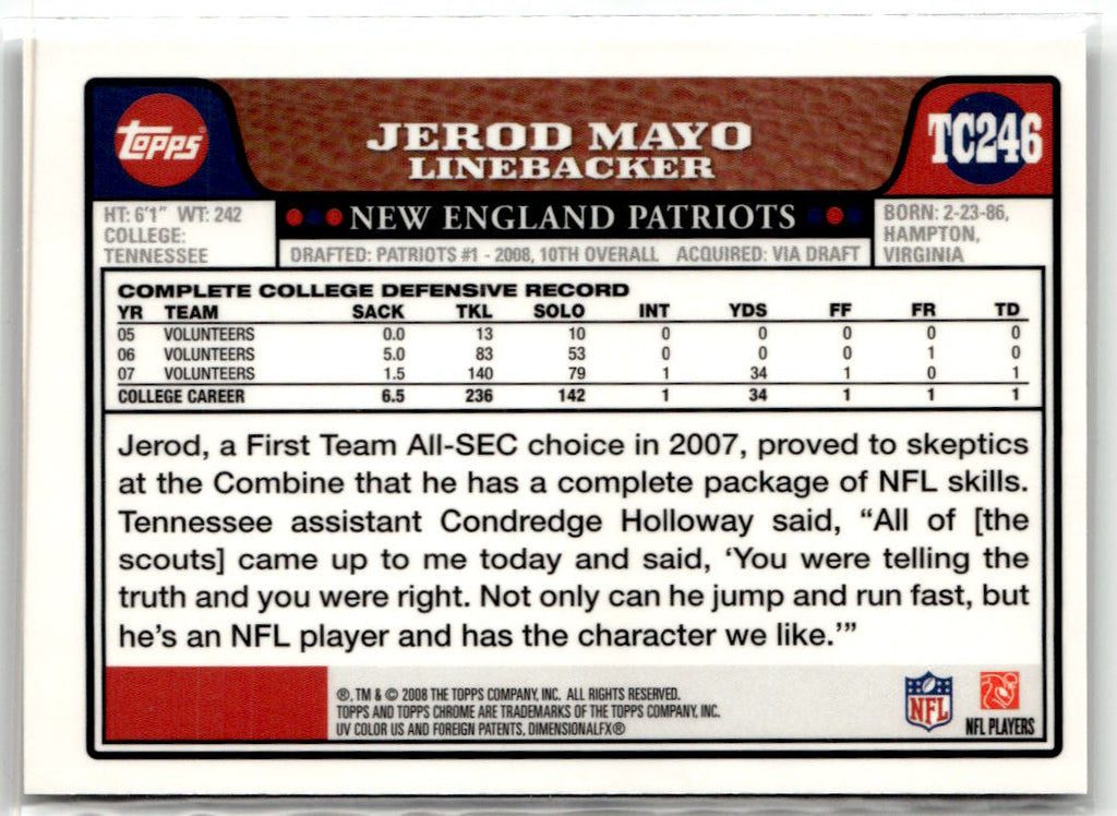 2008 Topps Chrome Jerod Mayo #TC246 back