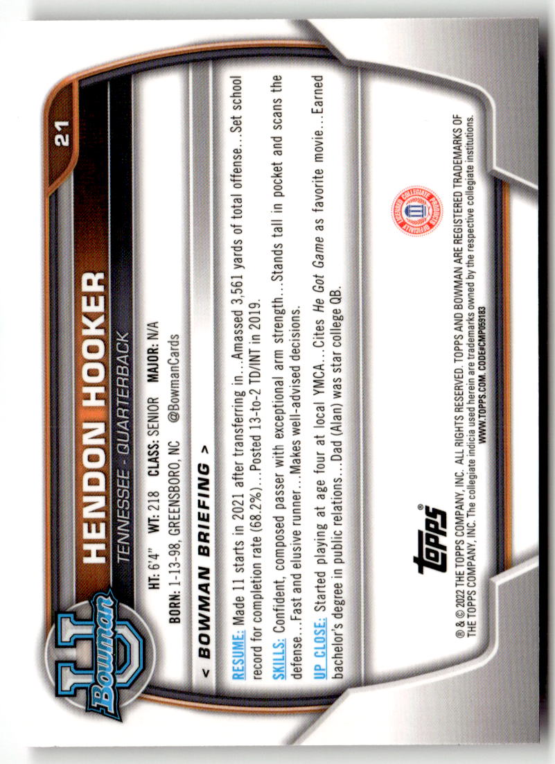 2022 Bowman Chrome University Hendon Hooker [Pink] #21 back