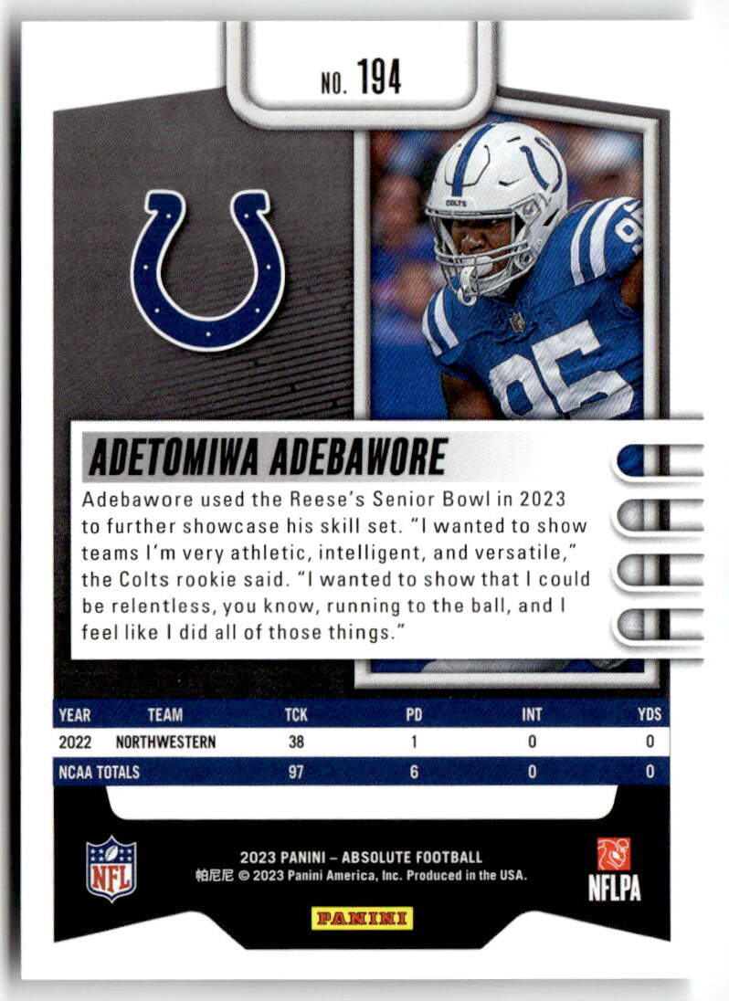 2023 Panini Absolute Adetomiwa Adebawore #194 (RC) back