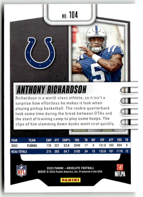 2023 Panini Absolute Anthony Richardson #104 (RC) back