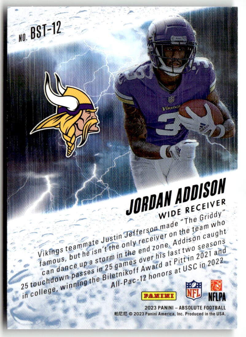 2023 Panini Absolute By Storm Jordan Addison #BST-12 (RC) back