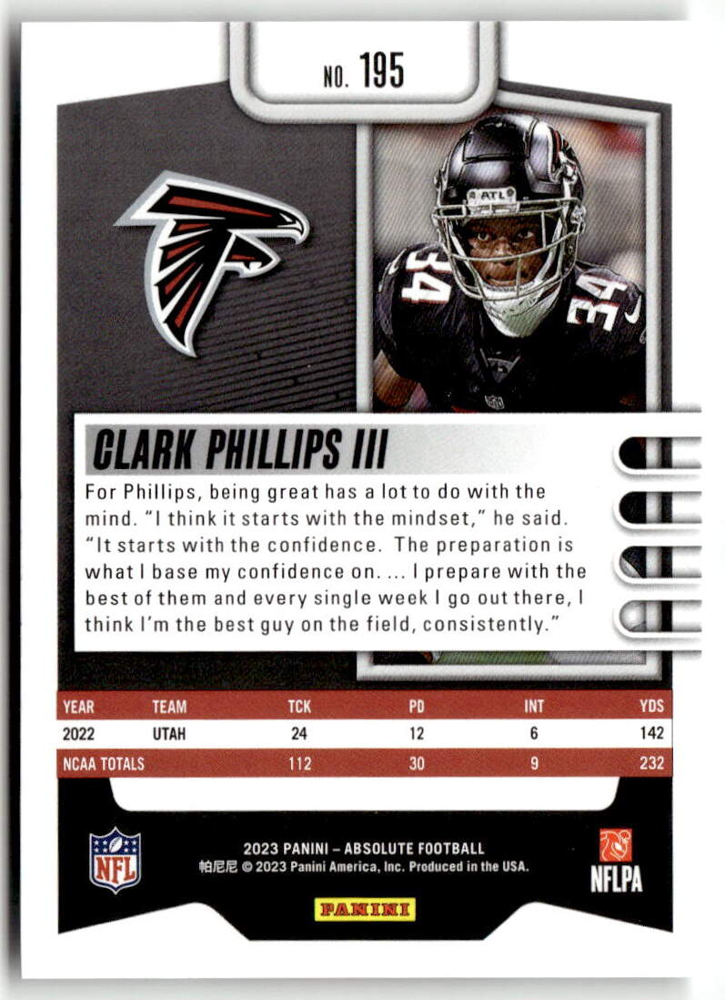 2023 Panini Absolute Clark Phillips III #195 (RC) back