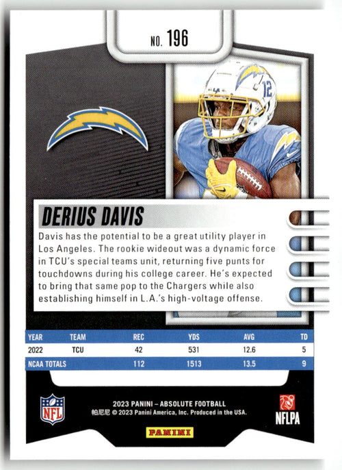 2023 Panini Absolute Derius Davis #196 (RC) back