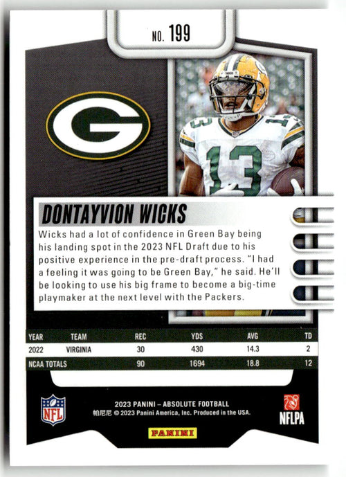 2023 Panini Absolute Dontayvion Wicks #199 (RC) back