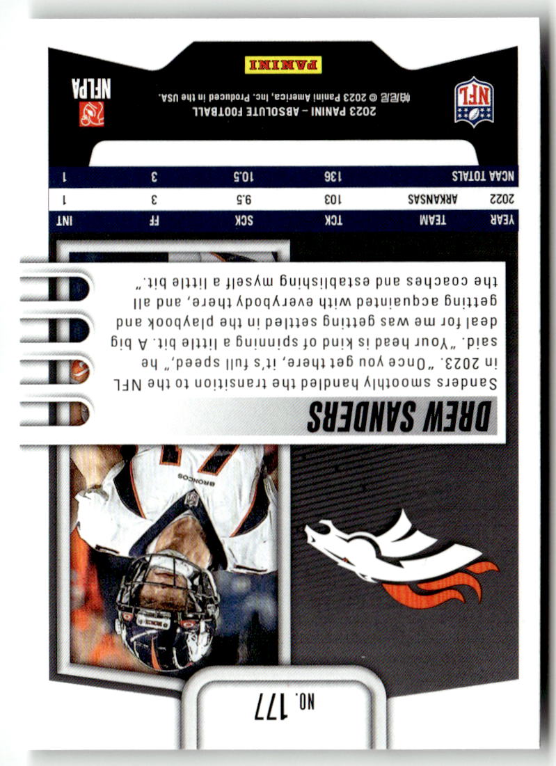 2023 Panini Absolute Drew Sanders #177 (RC) back