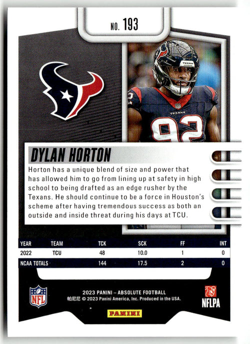 2023 Panini Absolute Dylan Horton #193 back