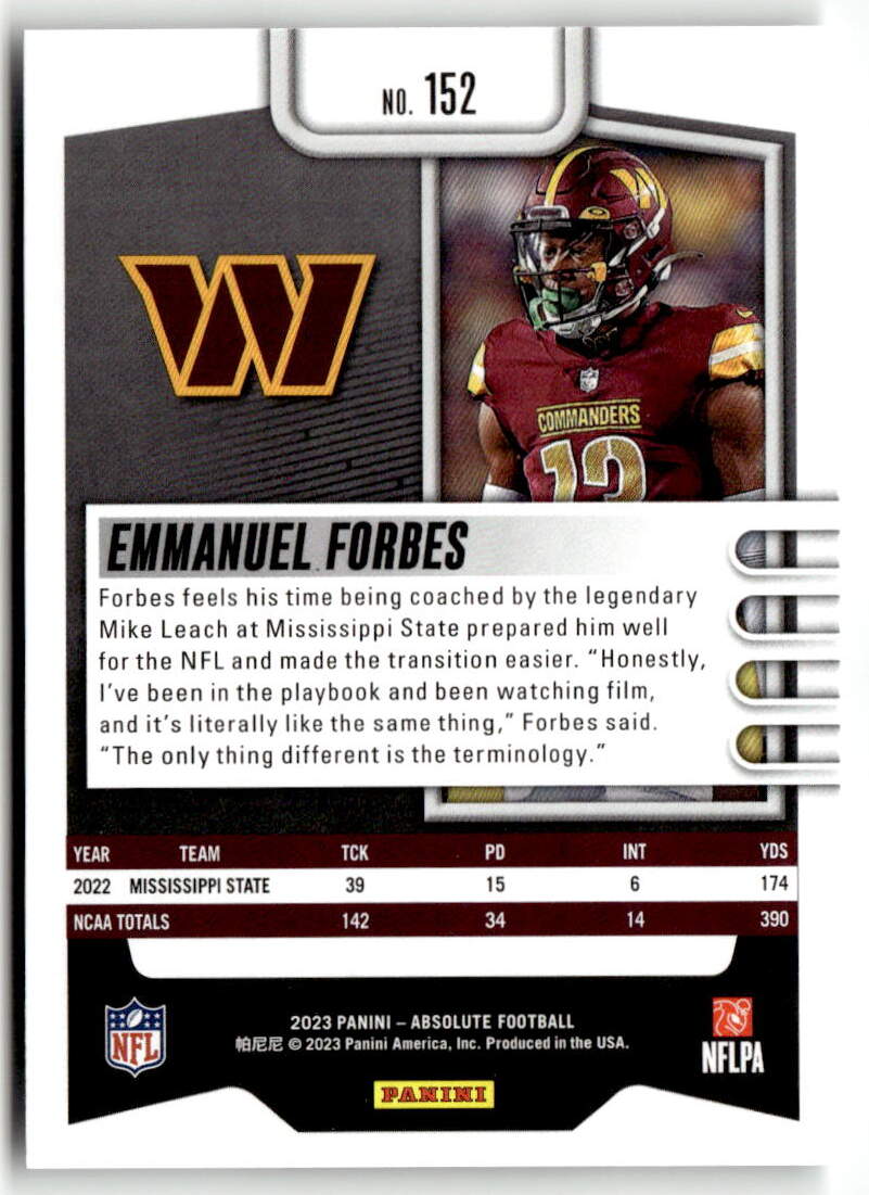 2023 Panini Absolute Emmanuel Forbes #152 (RC) back