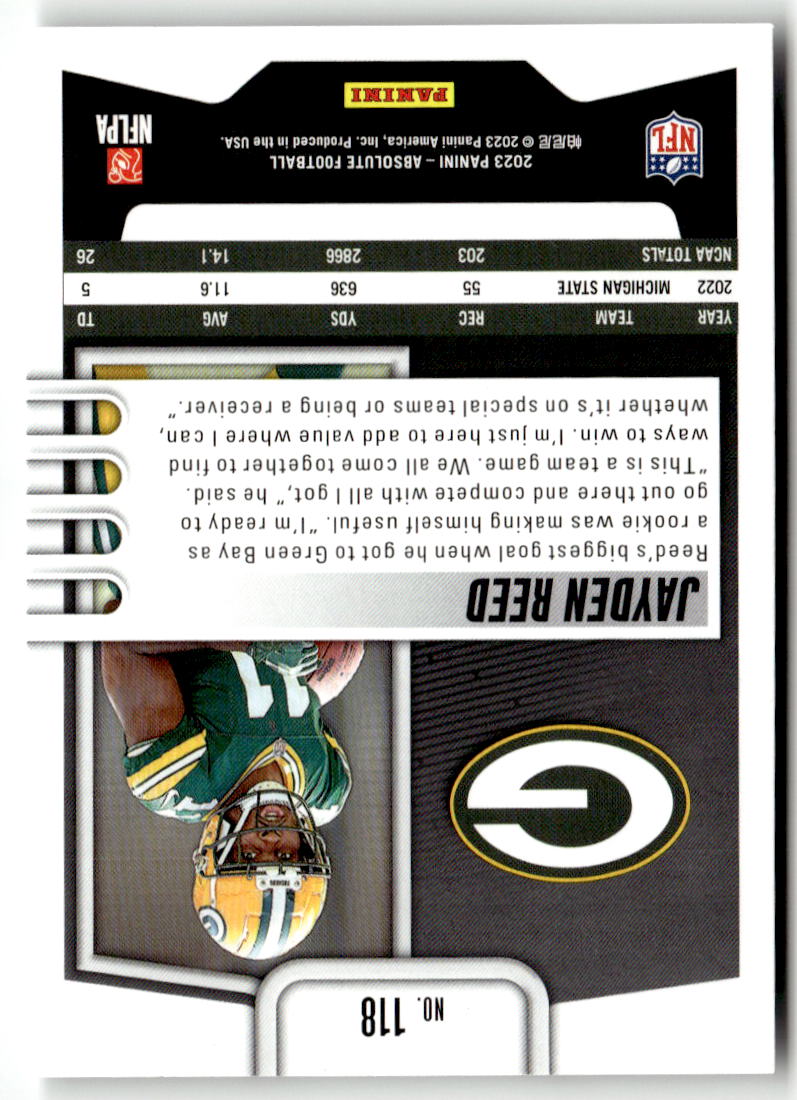 2023 Panini Absolute Jayden Reed #118 (RC) back