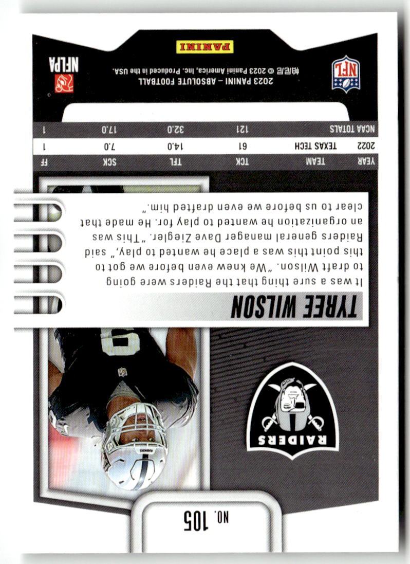 2023 Panini Absolute Tyree Wilson #105 (RC) back