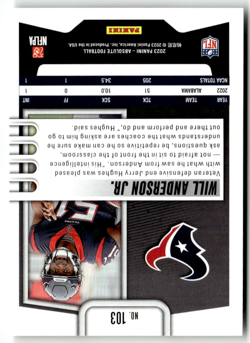 2023 Panini Absolute Will Anderson Jr. #103 (RC) back