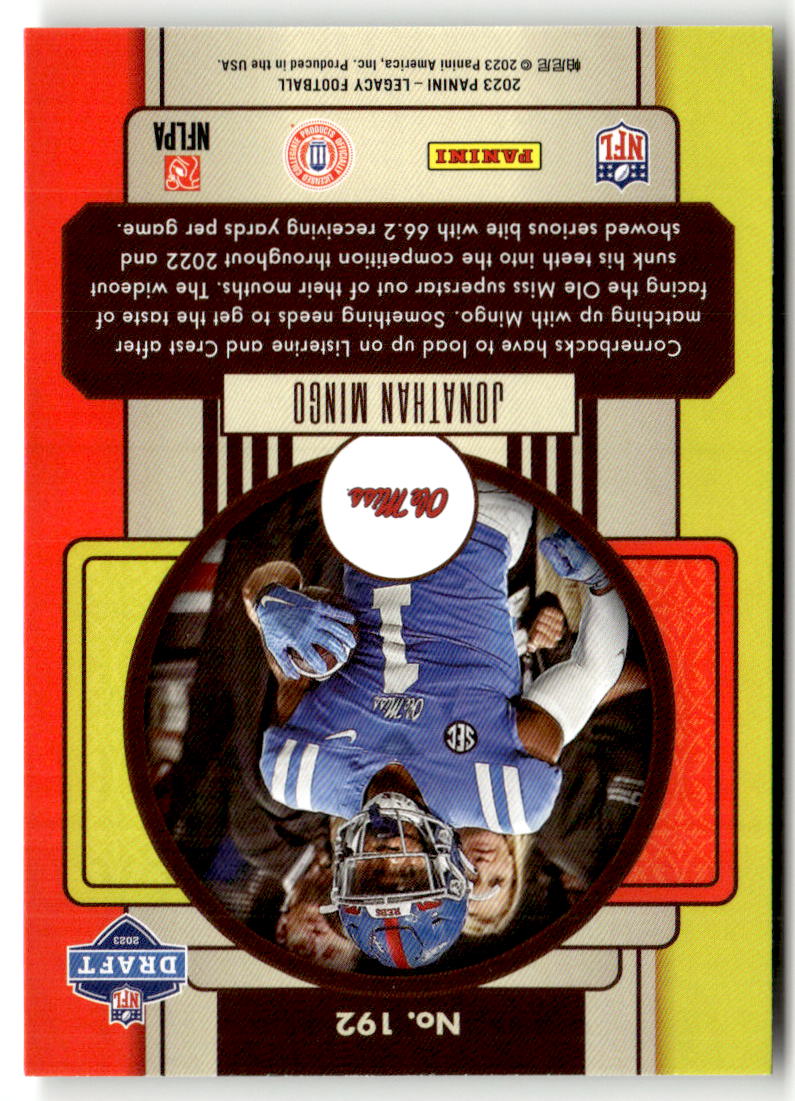 2023 Panini Legacy Jonathan Mingo #192 (RC) back