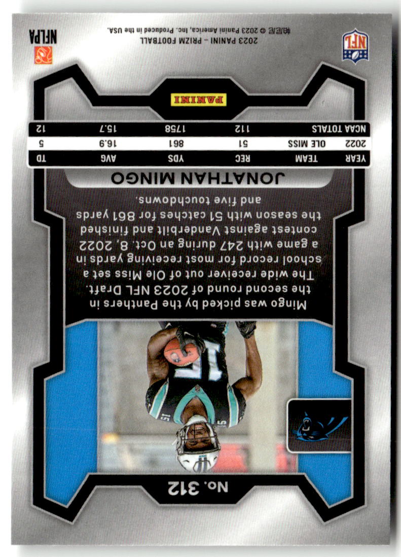 2023 Panini Prizm Jonathan Mingo #312 (RC) back