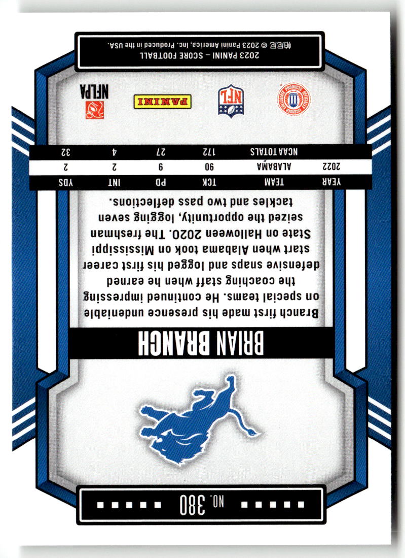 2023 Panini Score Brian Branch #380 (RC) back