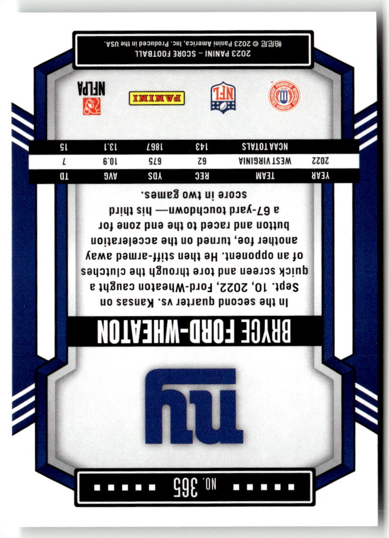 2023 Panini Score Bryce Ford Wheaton #365 (RC) back