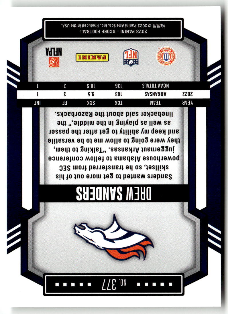 2023 Panini Score Drew Sanders #377 (RC) back