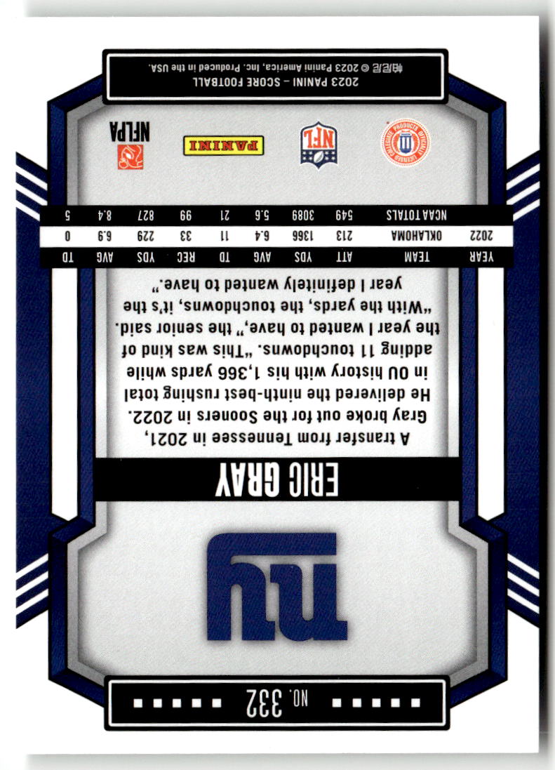 2023 Panini Score Eric Gray #332 (RC) back