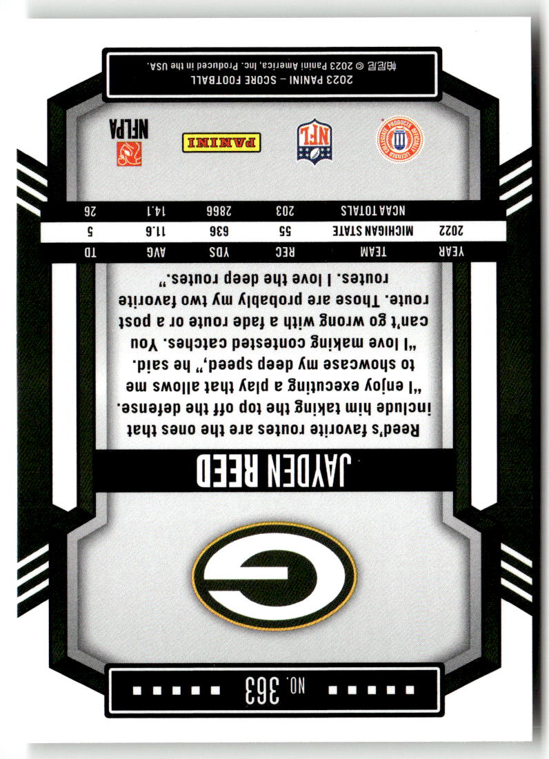 2023 Panini Score Jayden Reed #363 (RC) back