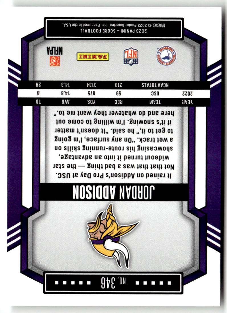 2023 Panini Score Jordan Addison #346 (RC) back