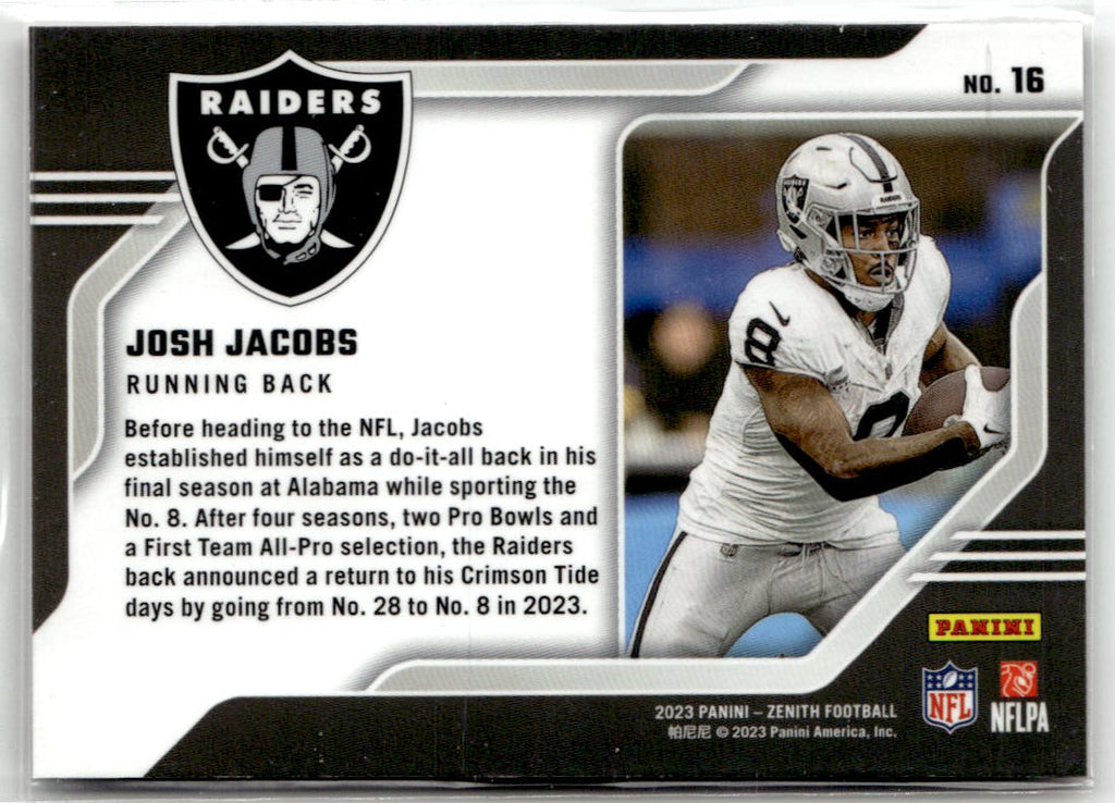 2023 Panini Zenith Behind the Numbers Josh Jacobs #16 back