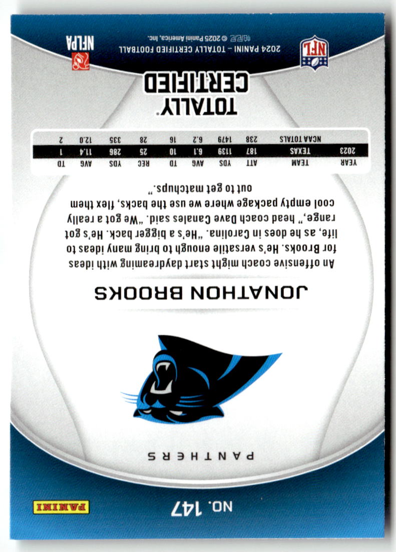 2024 Panini Totally Certified Jonathon Brooks #147 (RC) back