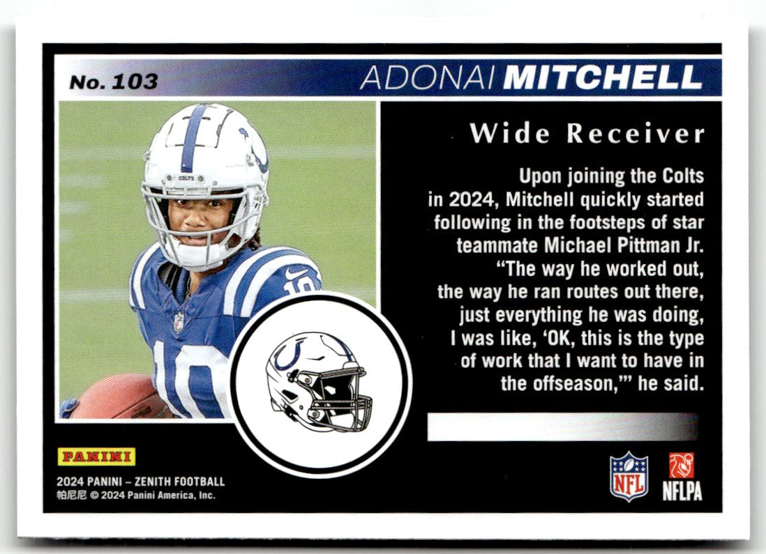 2024 Panini Zenith Adonai Mitchell #103 (RC) back