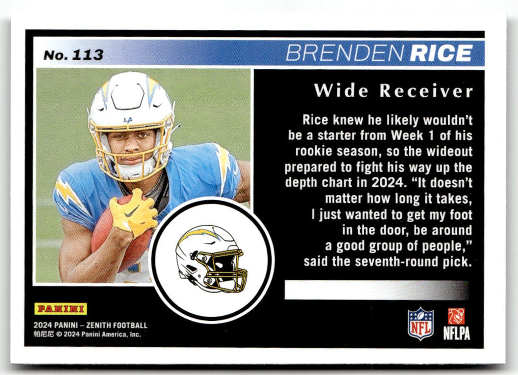 2024 Panini Zenith Brenden Rice #113 (RC) back