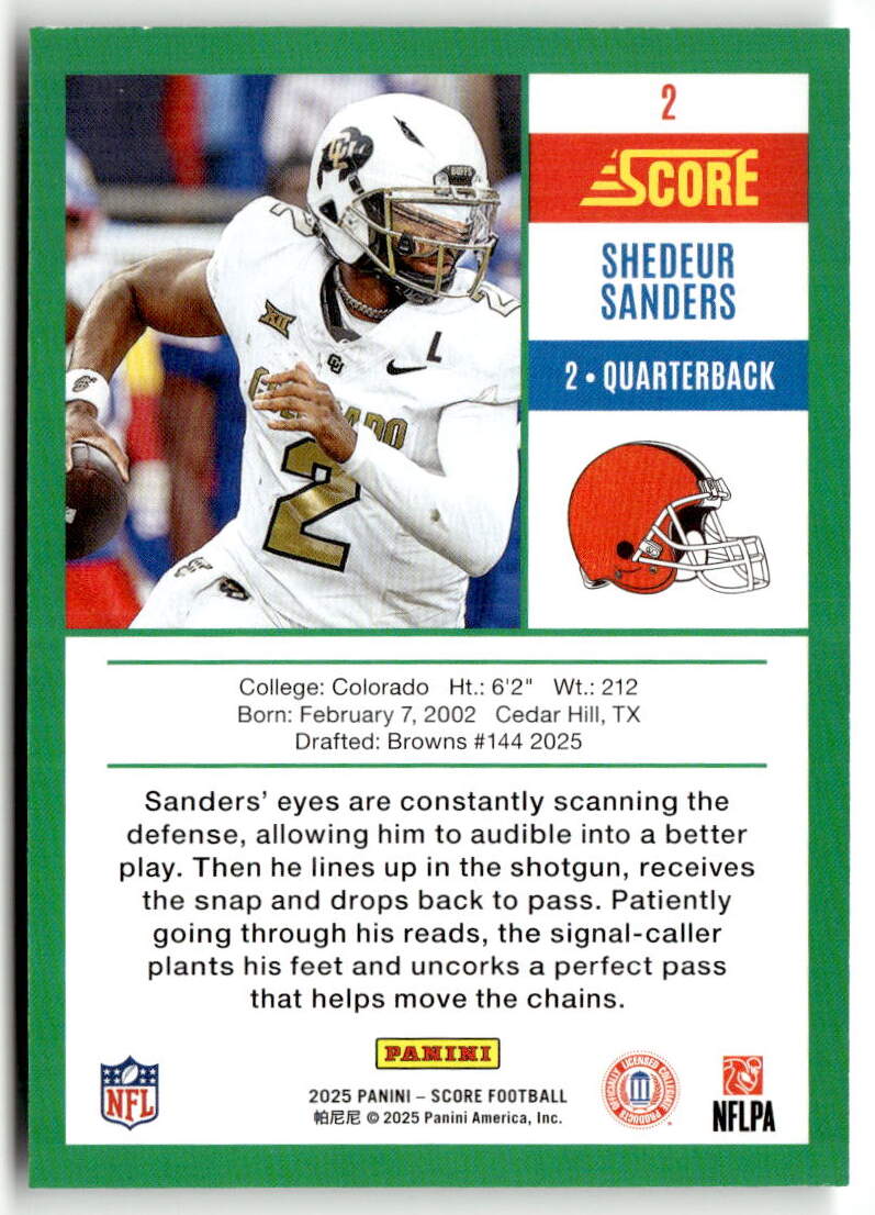 2025 Panini Score Anniversary Rookie Shedeur Sanders #2 (RC) back