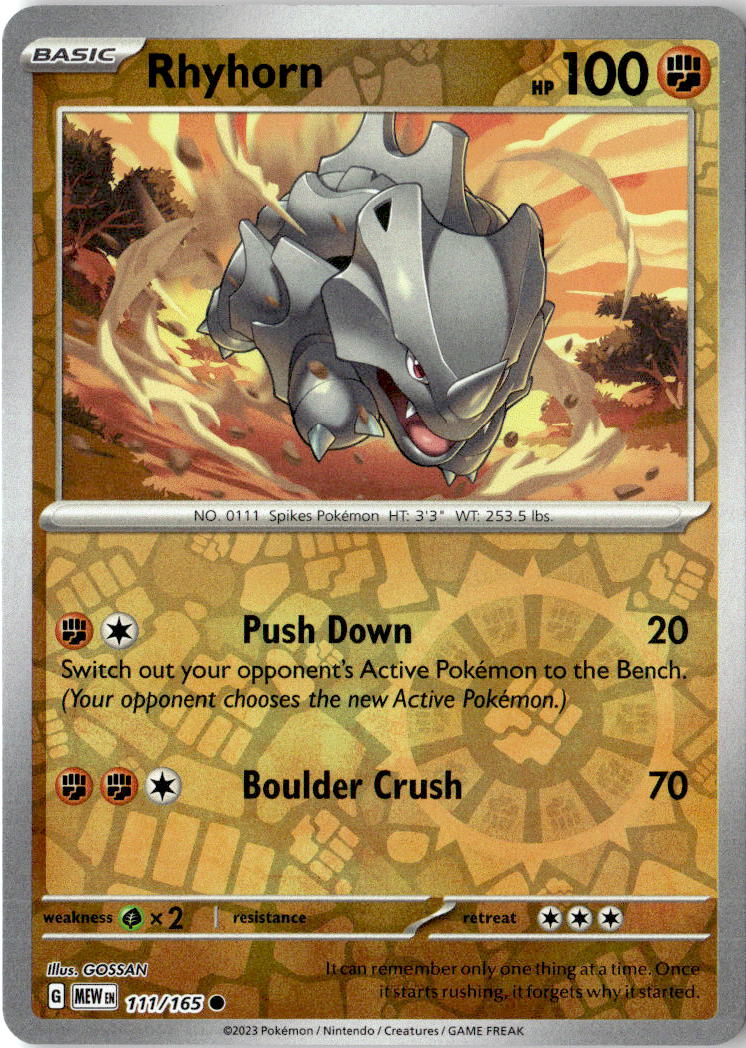 Front of Rhyhorn 111/165 from Scarlet & Violet 151