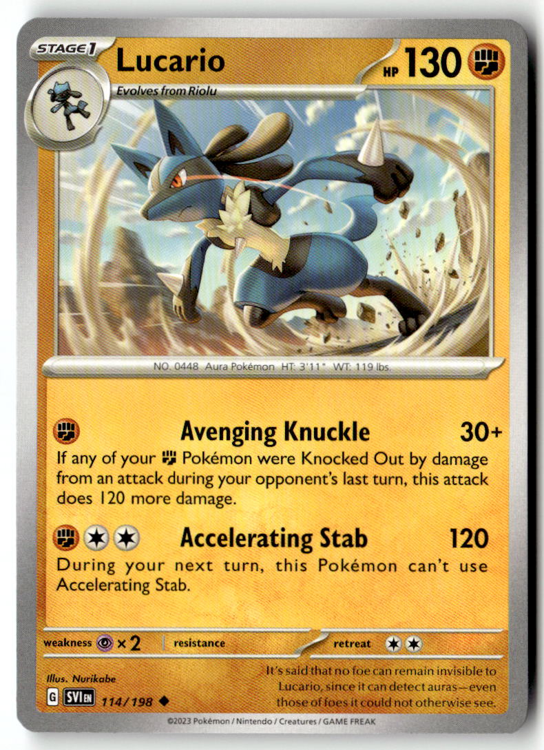 Front of Lucario 114/198 from Scarlet & Violet Base Set