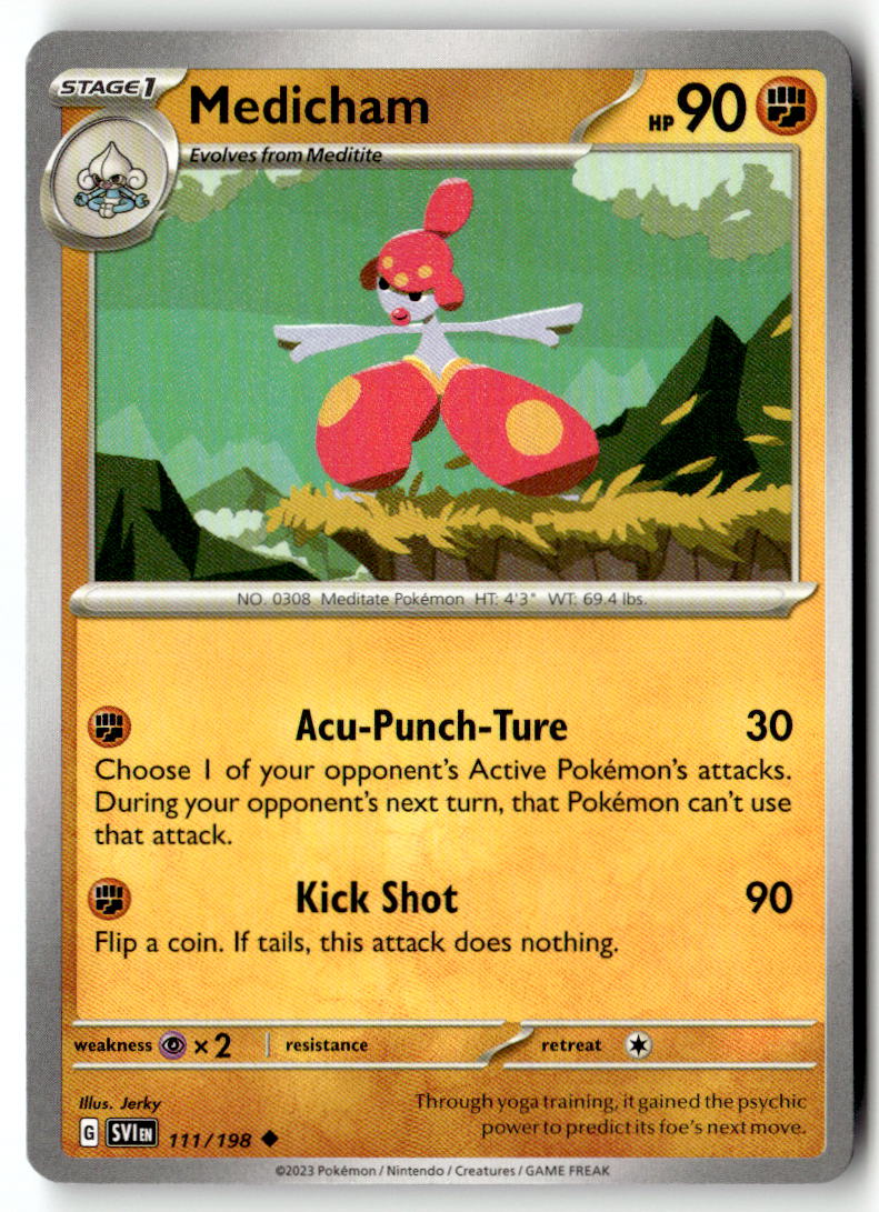 Front of Medicham 111/198 from Scarlet & Violet Base Set