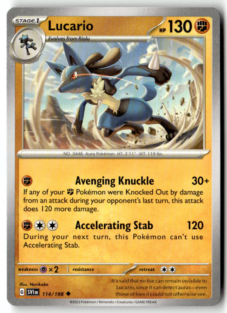 Front of Lucario 114/198 from Scarlet & Violet Base Set