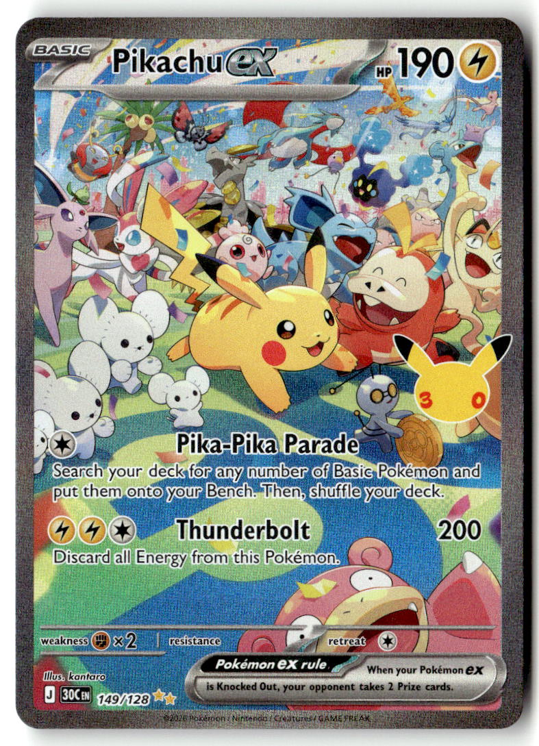 Front of Pikachu ex 149/128 from 30th Celebration