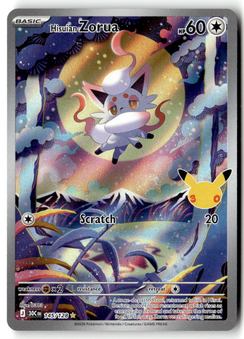 Front of Hisuian Zorua 145/128 from 30th Celebration