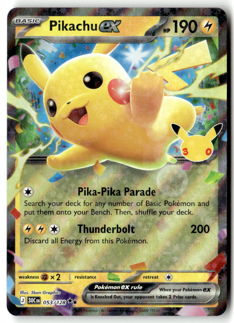 Front of Pikachu ex 053/128 from 30th Celebration