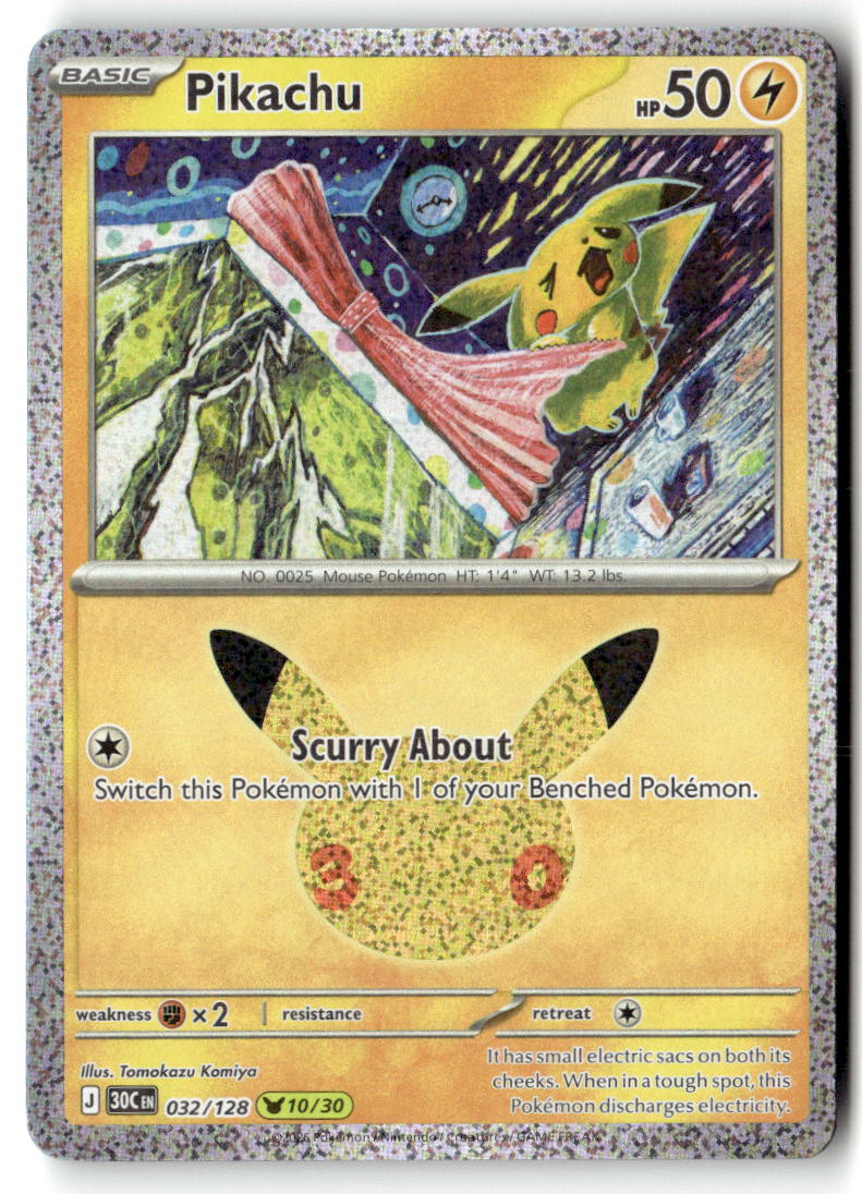 Front of Pikachu 032/128 from 30th Celebration