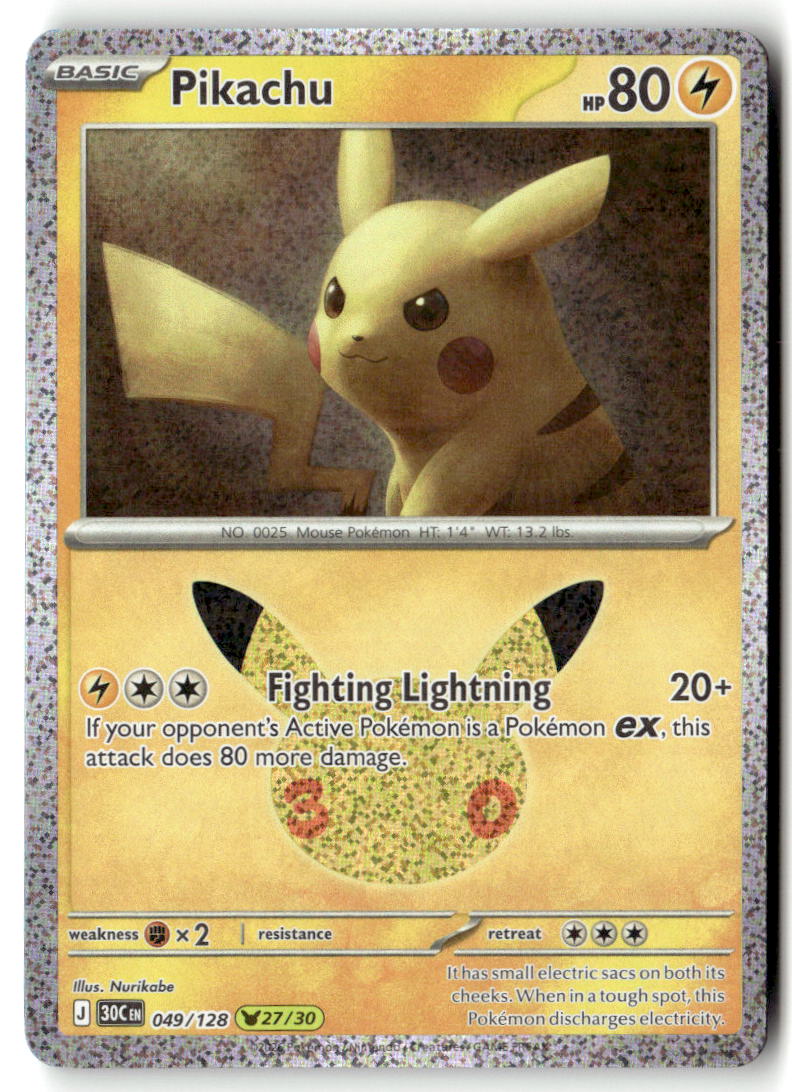 Front of Pikachu 049/128 from 30th Celebration