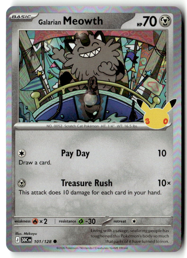 Front of Galarian Meowth 101/128 from 30th Celebration