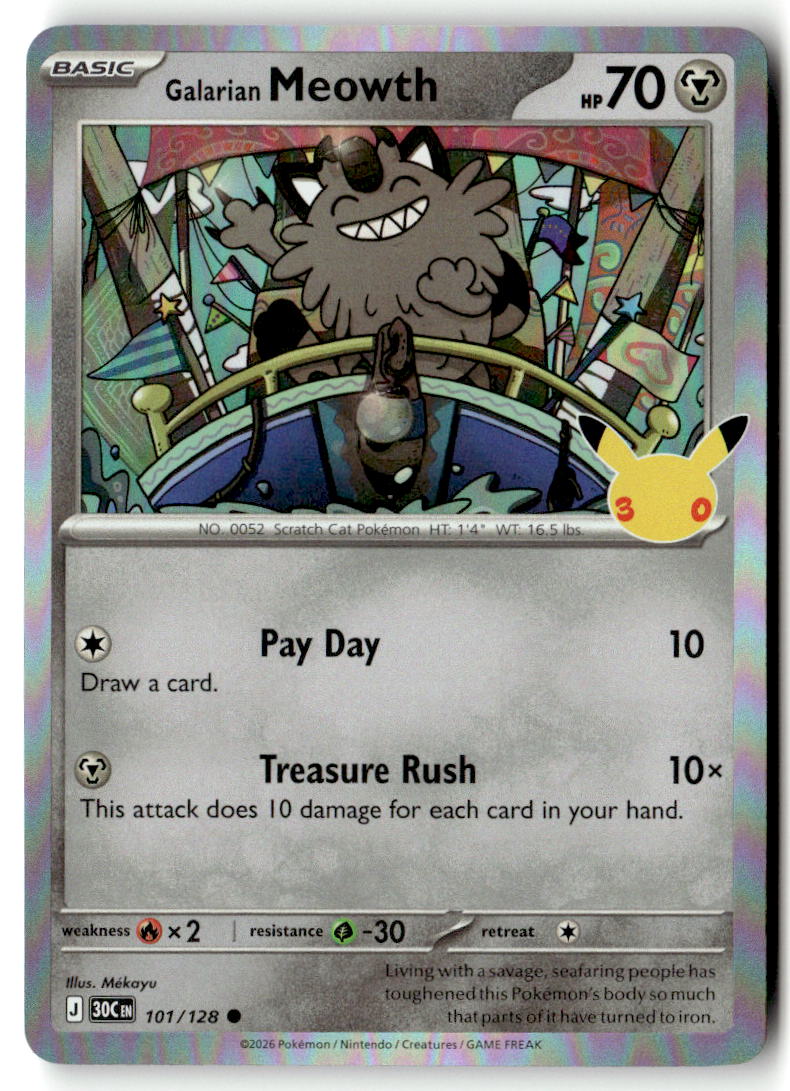 Front of Galarian Meowth 101/128 from 30th Celebration