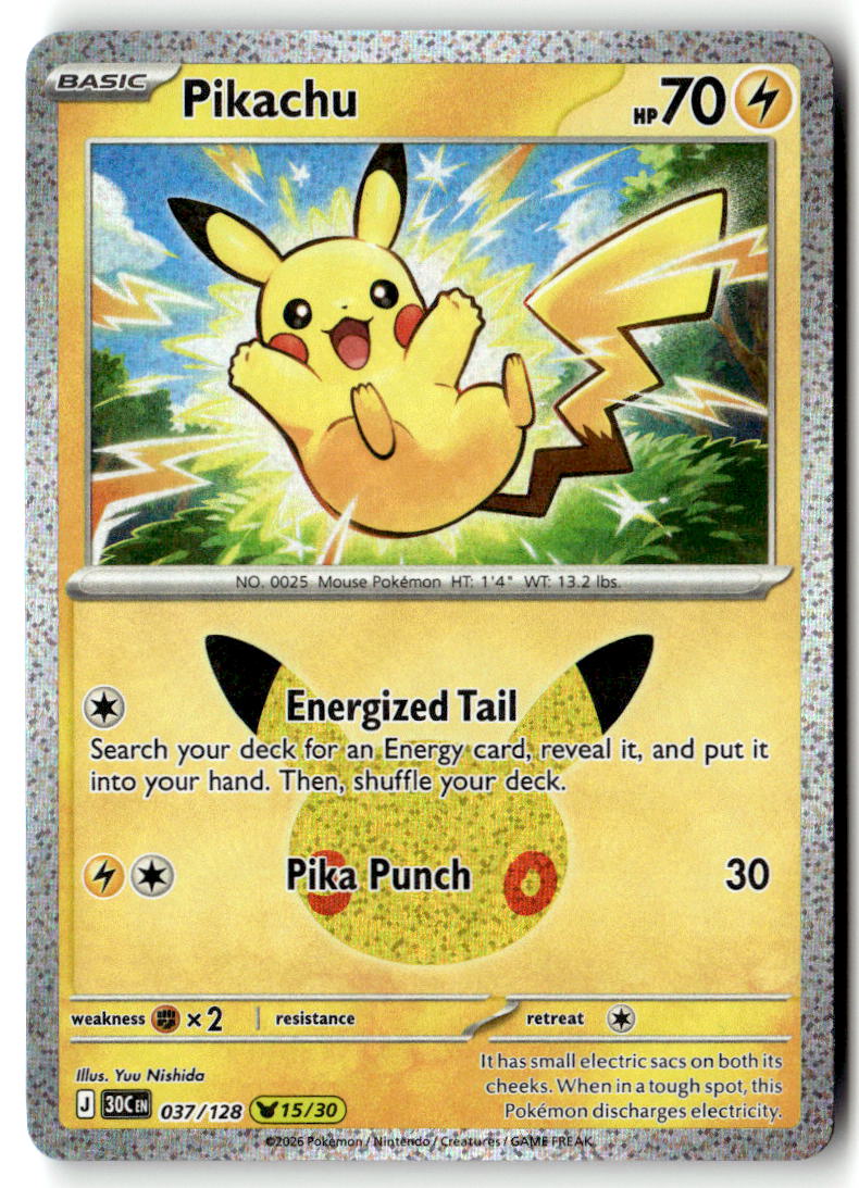 Front of Pikachu 037/128 from 30th Celebration