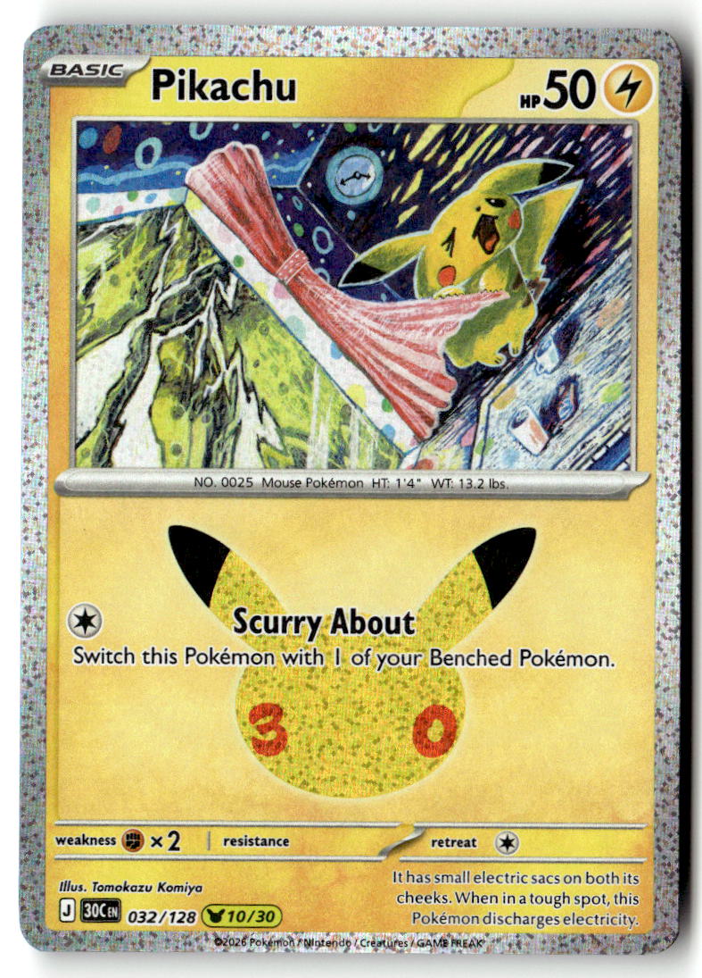 Front of Pikachu 032/128 from 30th Celebration