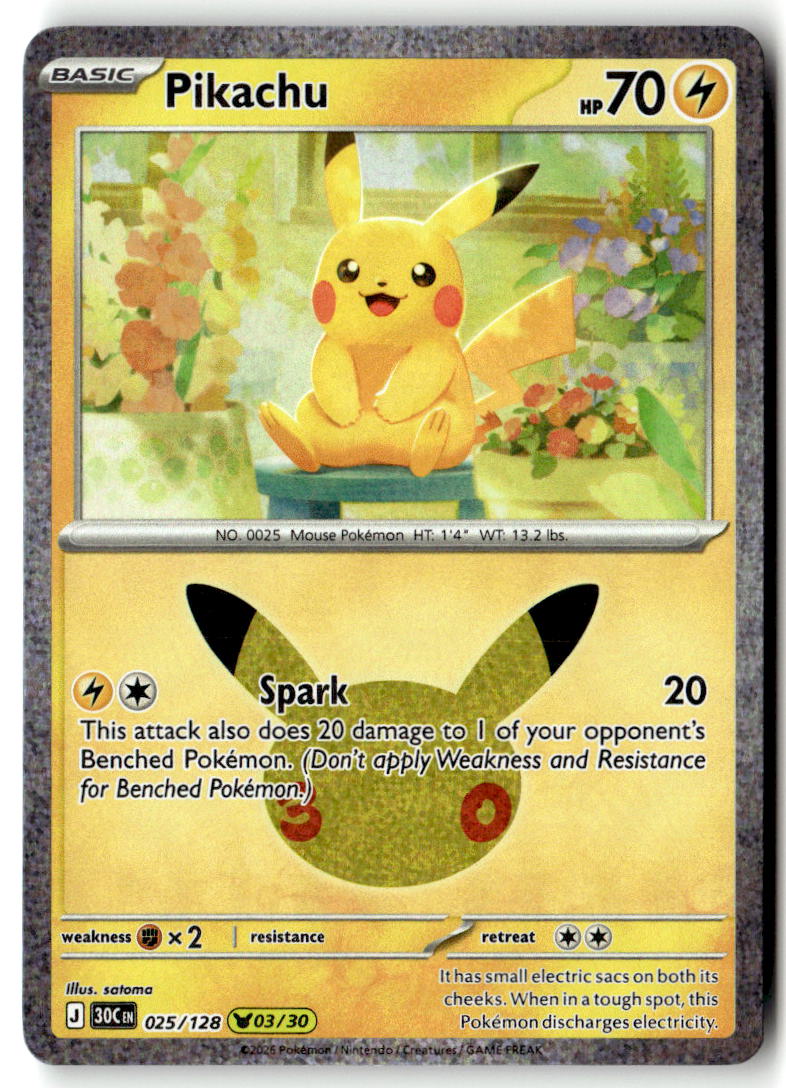 Front of Pikachu 025/128 from 30th Celebration