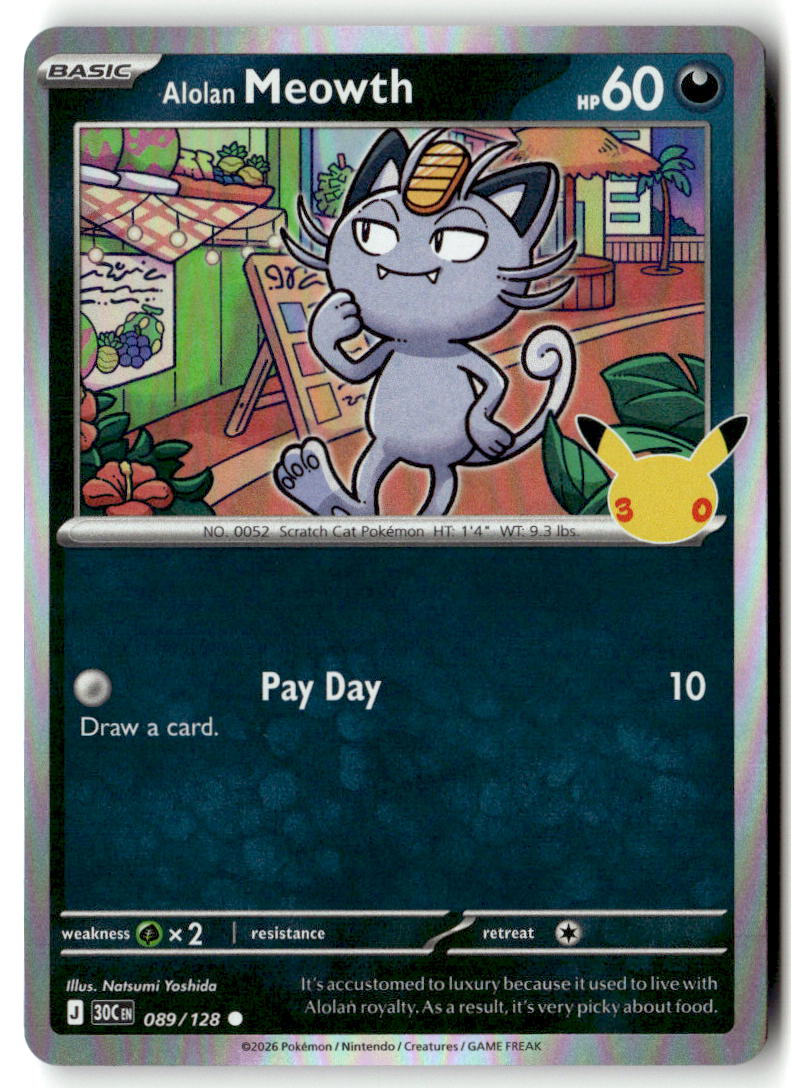 Front of Alolan Meowth 089/128 from 30th Celebration